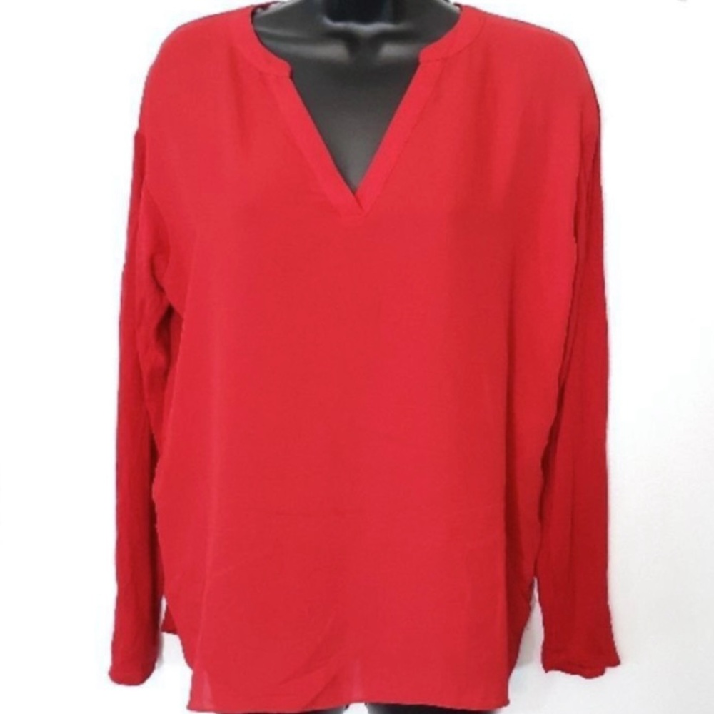 INC-International Concepts- Women's Red V-Neck Long-Sleeve Blouse Size: Large - Picture 2 of 4